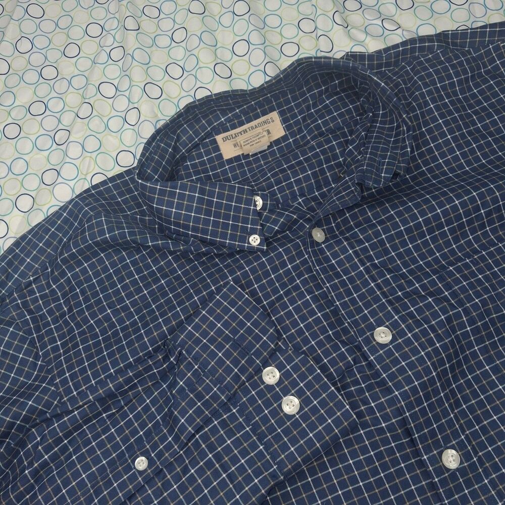 Duluth Trading Blue Plaid Button Up Shirt Men's XL Tall Wrinkle Fighter